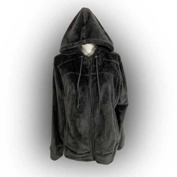 Adrienne Vittadini Sport Jacket Women's XL Gray Faux Fur Hoodie Full Zip Pockets - Picture 1 of 9